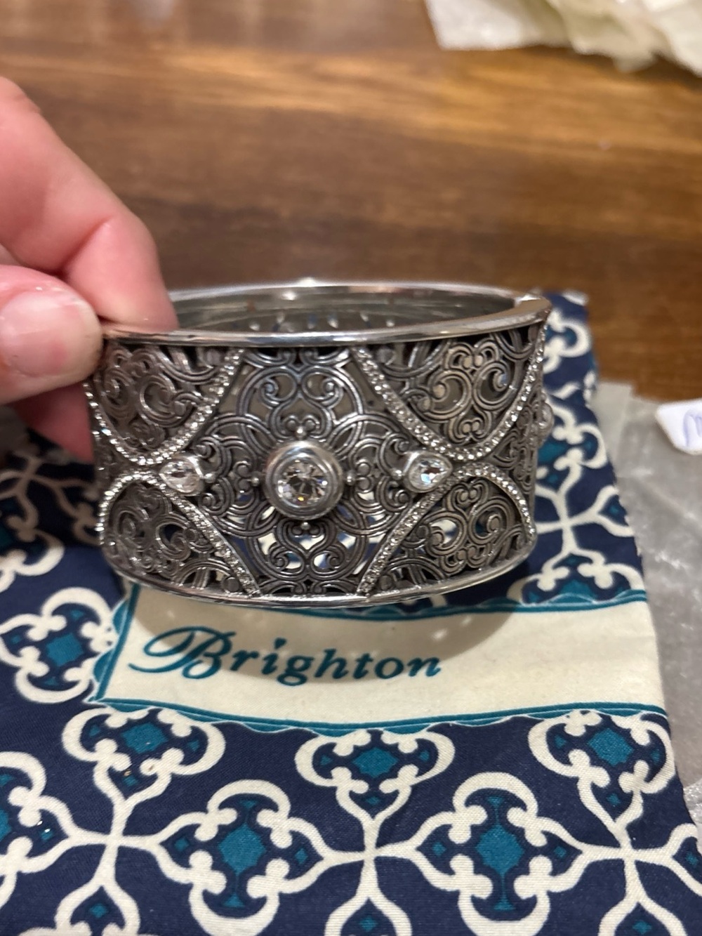 Retired BRIGHTon filigree sterling wide hinged bangle bracelet with crystals